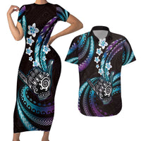 Hawaii Shaka Sign Couples Matching Short Sleeve Bodycon Dress and Hawaiian Shirt Fantastic Frangipani Amethyst Gradient