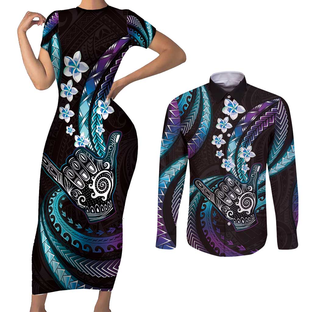 Hawaii Shaka Sign Couples Matching Short Sleeve Bodycon Dress and Long Sleeve Button Shirt Fantastic Frangipani Amethyst Gradient