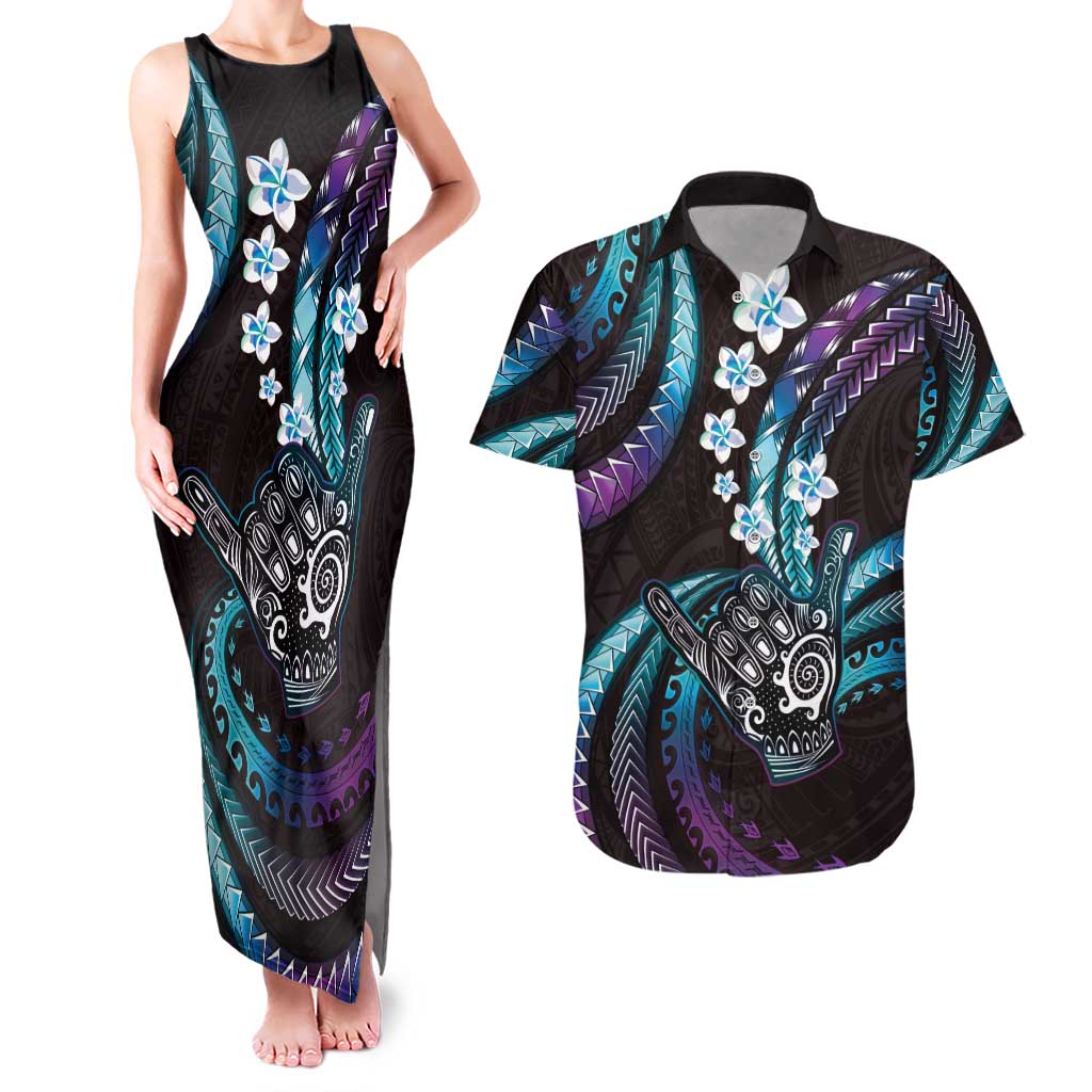Hawaii Shaka Sign Couples Matching Tank Maxi Dress and Hawaiian Shirt Fantastic Frangipani Amethyst Gradient