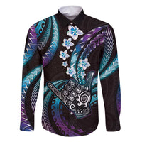 Hawaii Shaka Sign Family Matching Long Sleeve Bodycon Dress and Hawaiian Shirt Fantastic Frangipani Amethyst Gradient