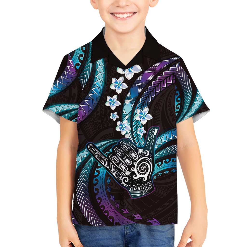 Hawaii Shaka Sign Family Matching Long Sleeve Bodycon Dress and Hawaiian Shirt Fantastic Frangipani Amethyst Gradient