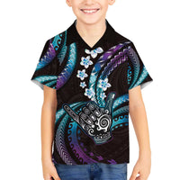 Hawaii Shaka Sign Family Matching Off The Shoulder Long Sleeve Dress and Hawaiian Shirt Fantastic Frangipani Amethyst Gradient