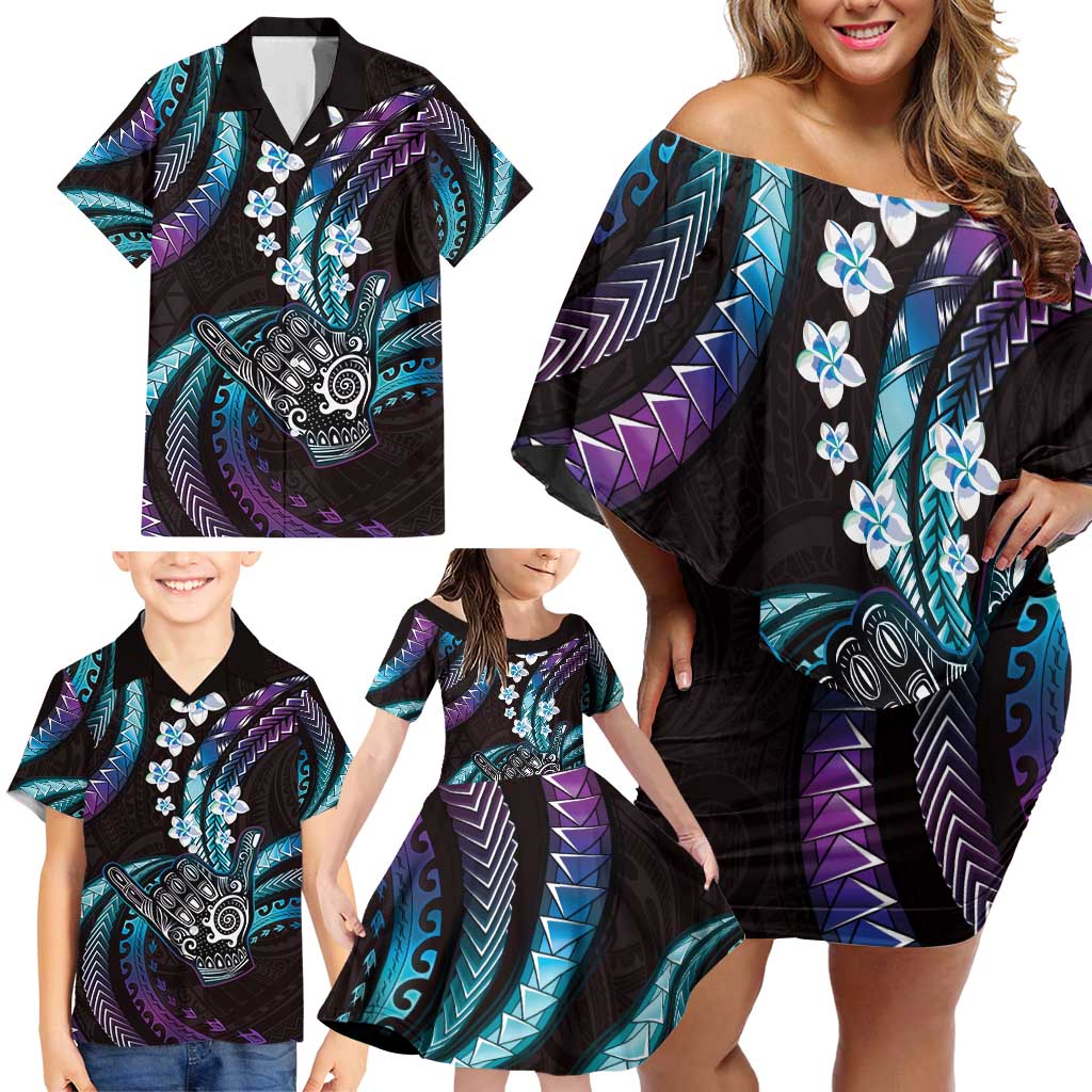 Hawaii Shaka Sign Family Matching Off Shoulder Short Dress and Hawaiian Shirt Fantastic Frangipani Amethyst Gradient