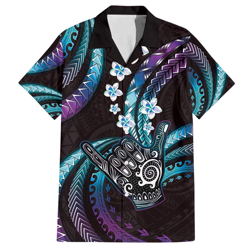 Hawaii Shaka Sign Family Matching Off Shoulder Short Dress and Hawaiian Shirt Fantastic Frangipani Amethyst Gradient