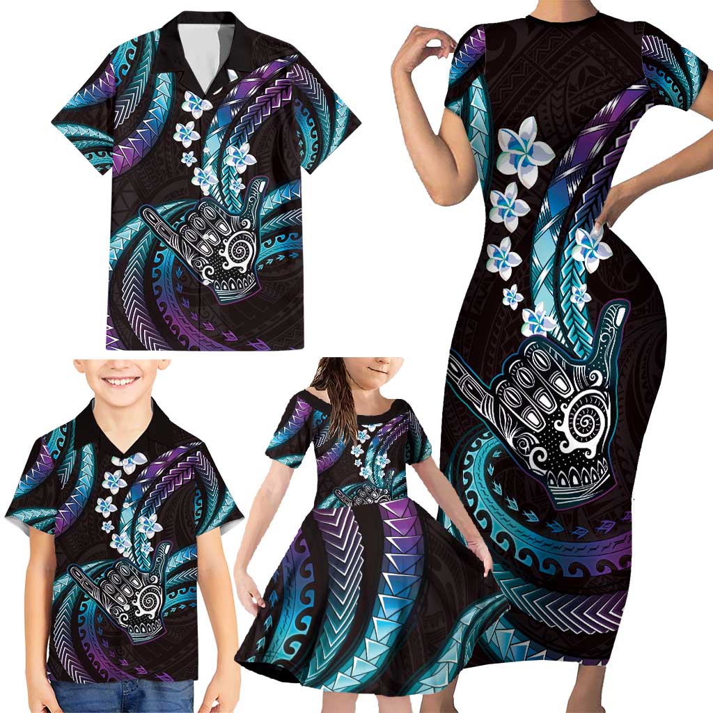 Hawaii Shaka Sign Family Matching Short Sleeve Bodycon Dress and Hawaiian Shirt Fantastic Frangipani Amethyst Gradient