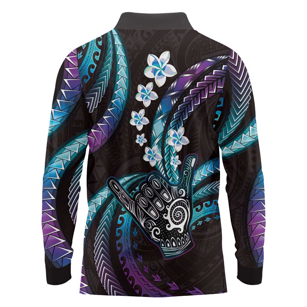 Hawaii Shaka Sign Long Sleeve Polo Shirt Fantastic Frangipani Amethyst Gradient