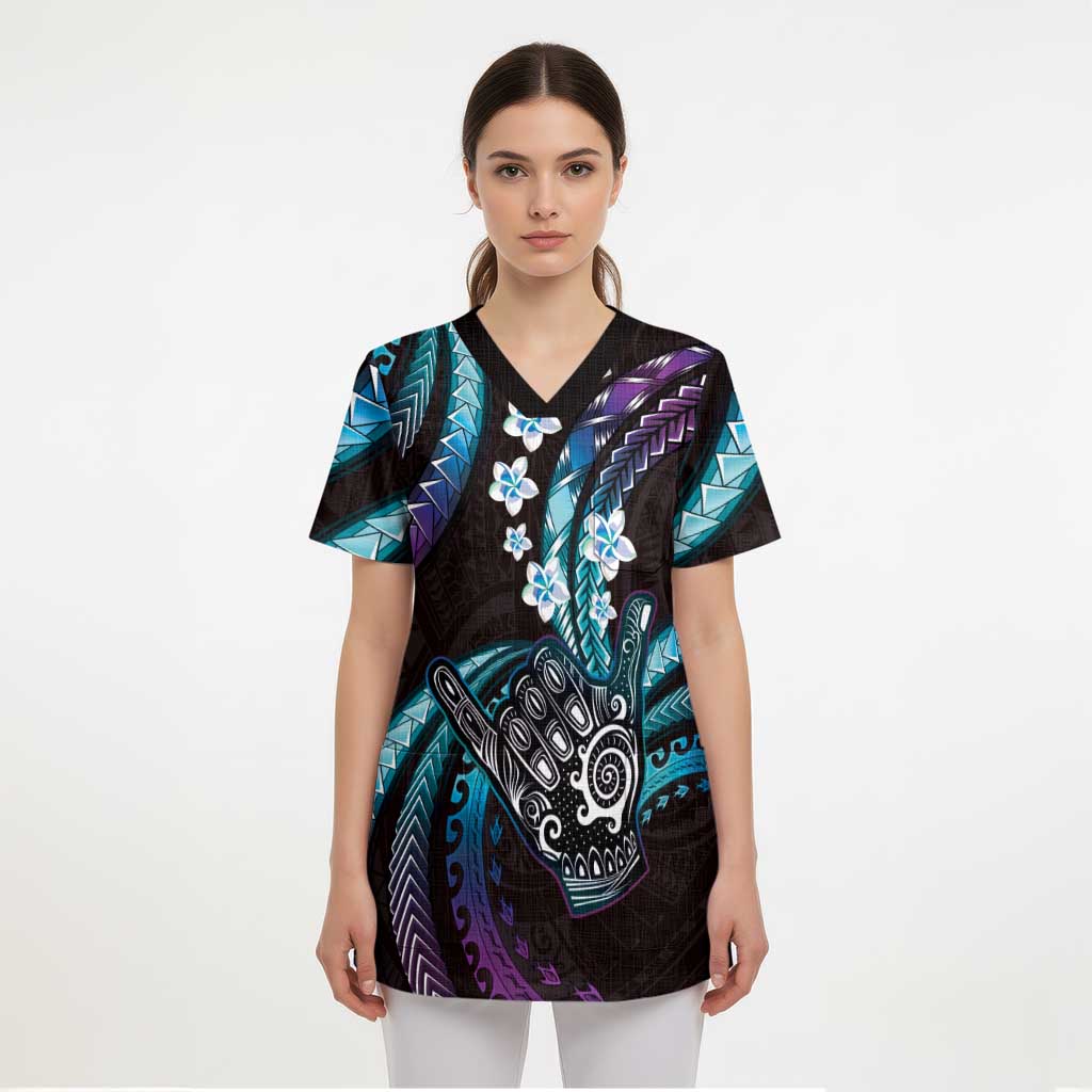Hawaii Shaka Sign Scrub Top Fantastic Frangipani Amethyst Gradient - Polynesian Pride