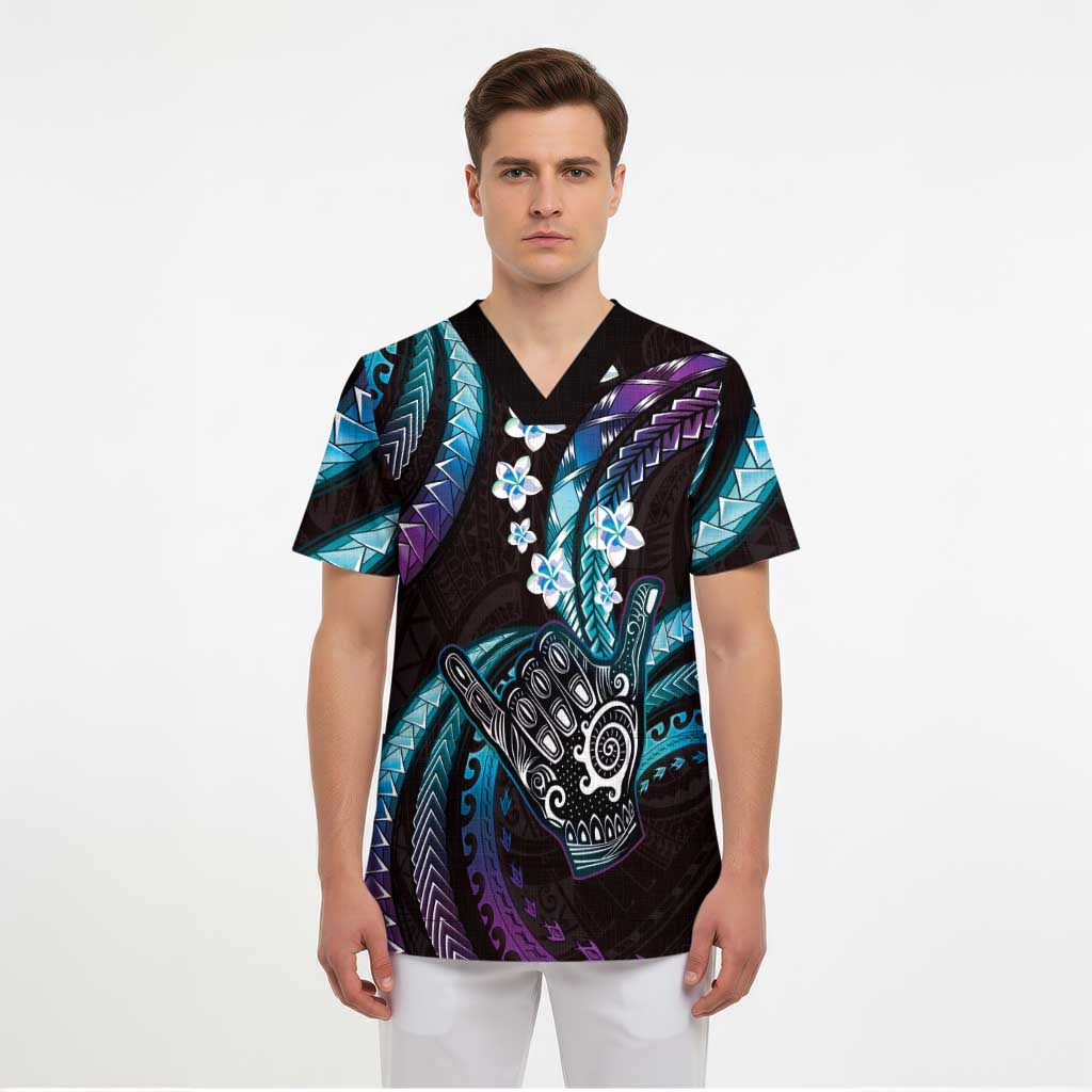 Hawaii Shaka Sign Scrub Top Fantastic Frangipani Amethyst Gradient - Polynesian Pride