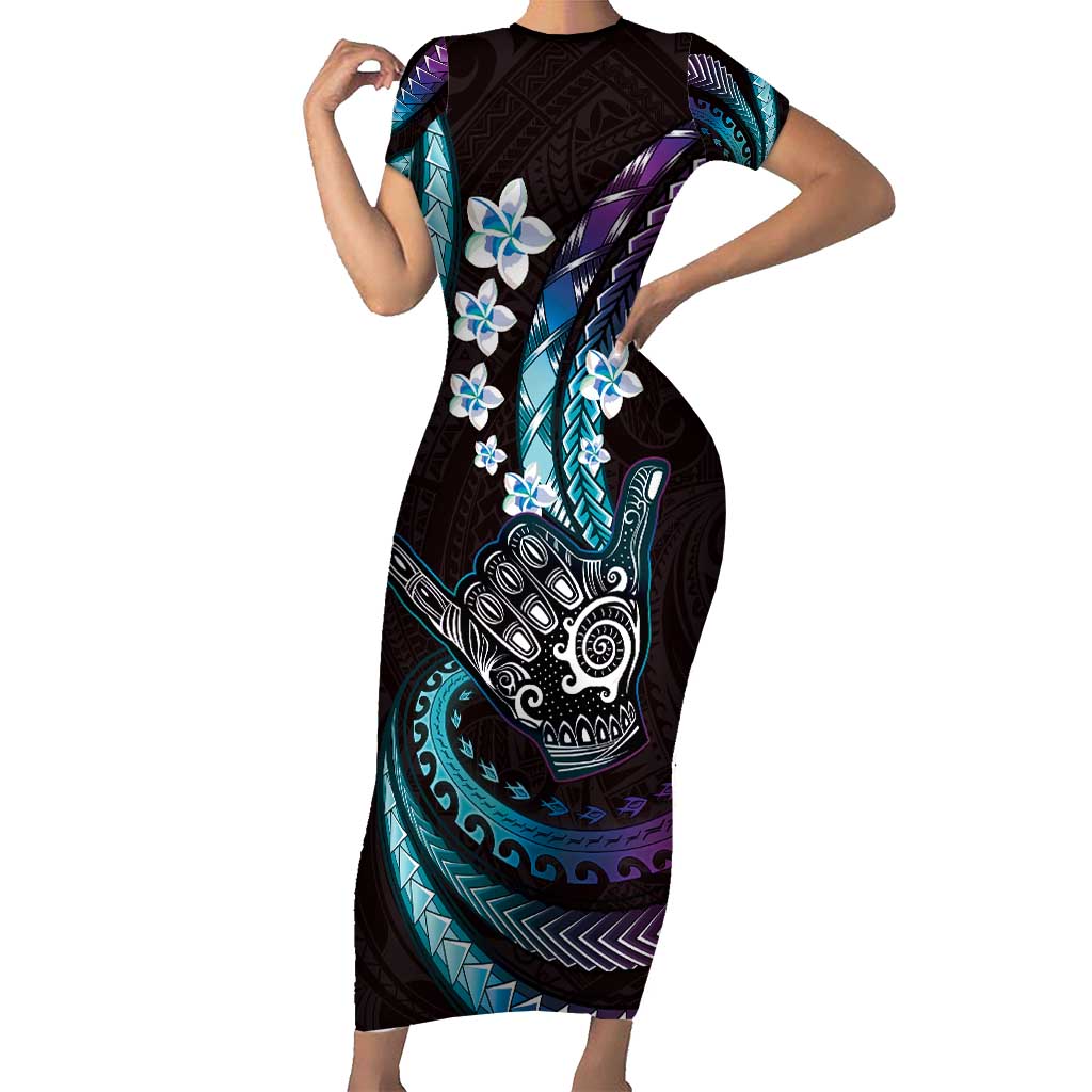 Hawaii Shaka Sign Short Sleeve Bodycon Dress Fantastic Frangipani Amethyst Gradient