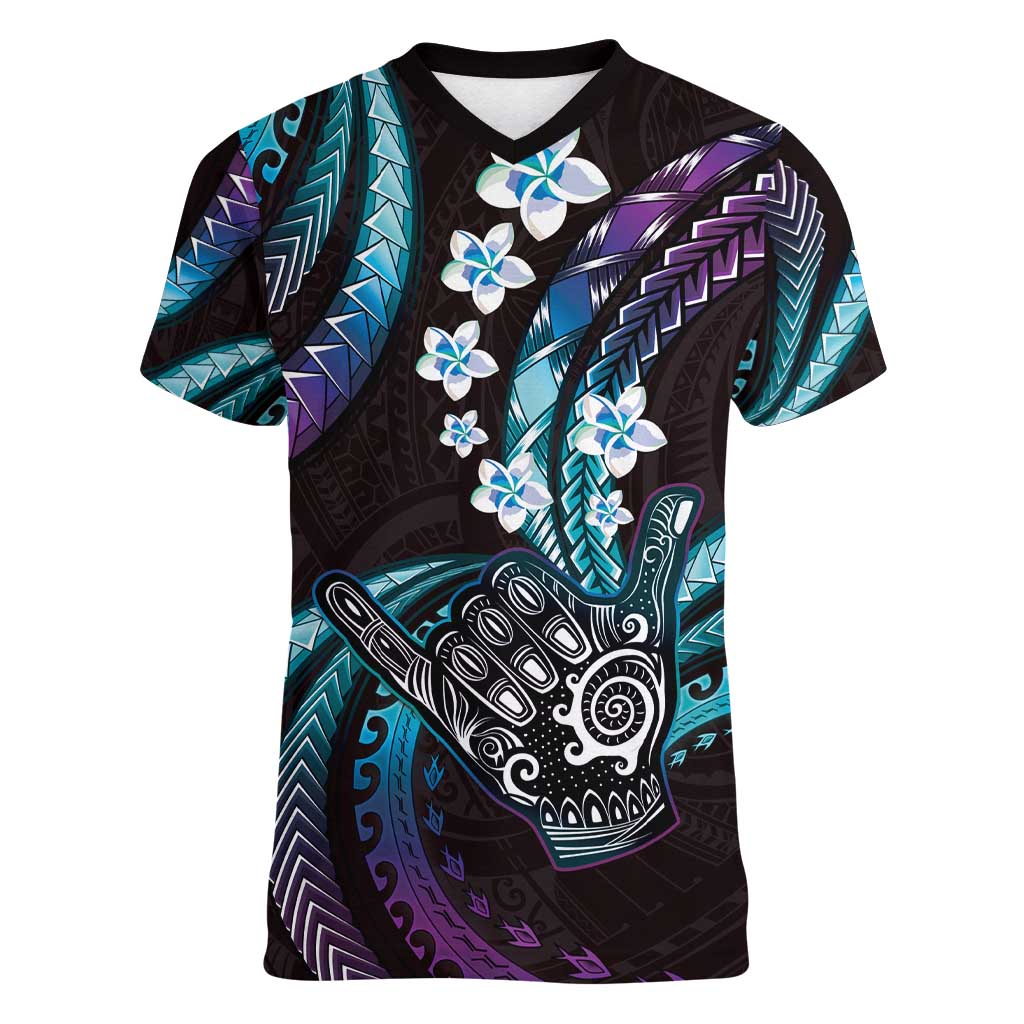Hawaii Shaka Sign Women V-Neck T-Shirt Fantastic Frangipani Amethyst Gradient