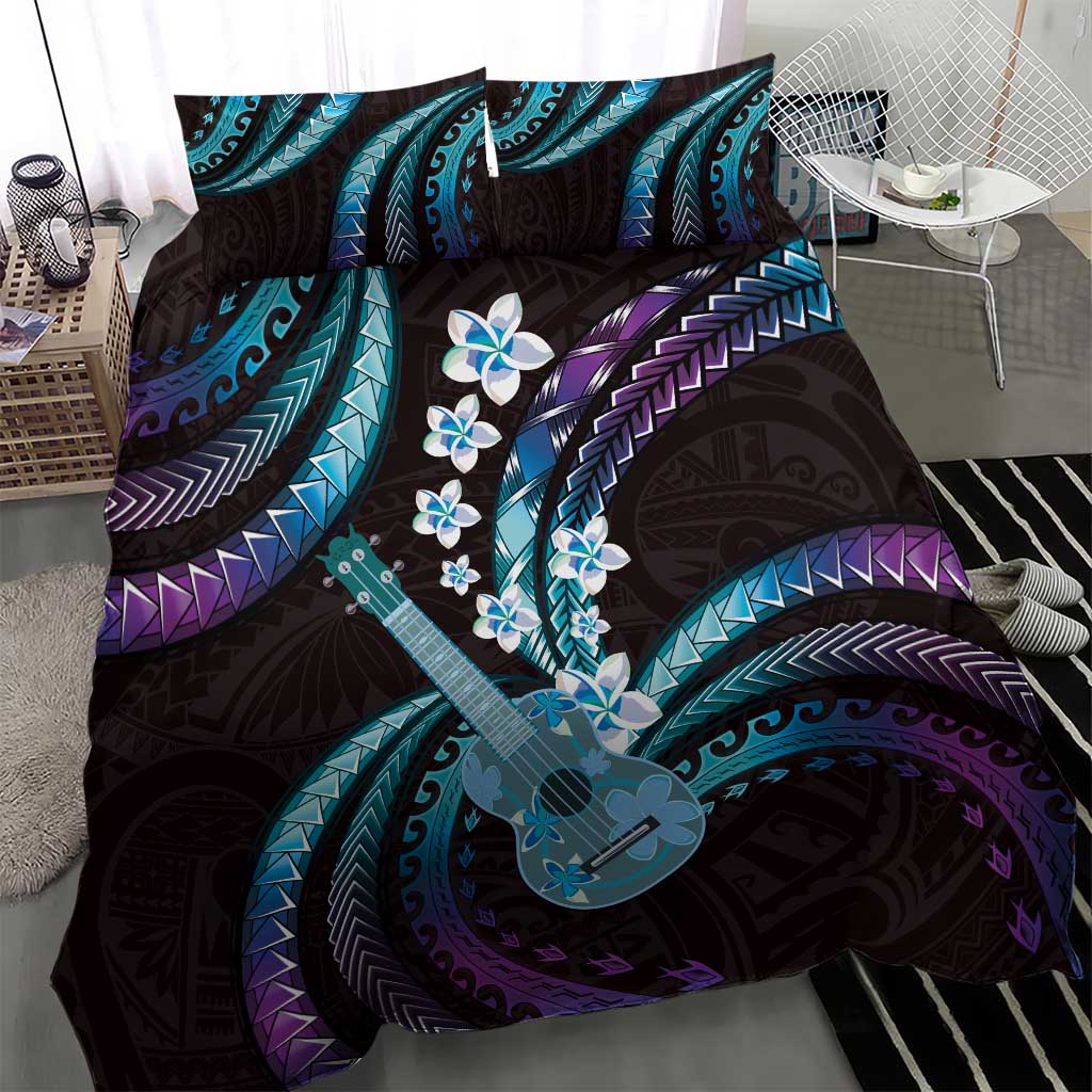 Hawaiian Ukulele Bedding Set Amethyst Gradient Fantastic Plumeria