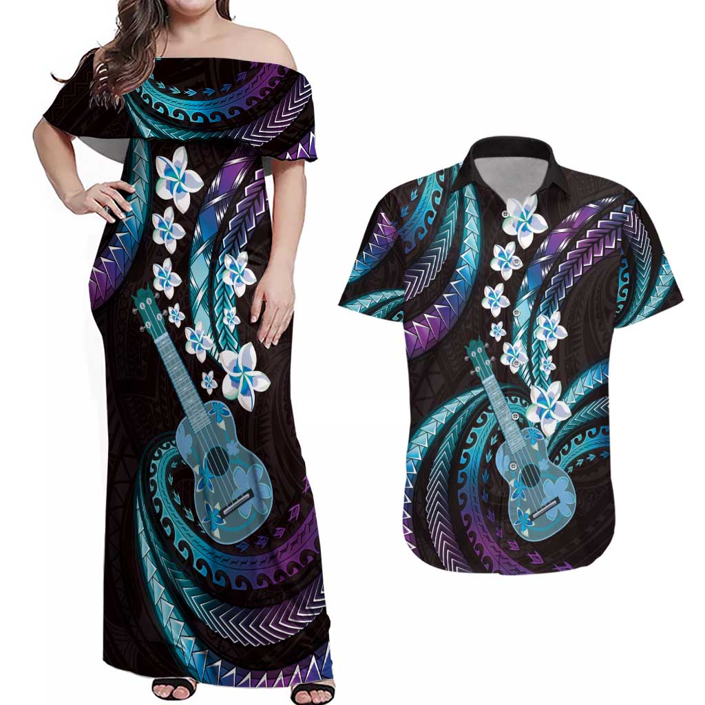 Hawaiian Ukulele Couples Matching Off Shoulder Maxi Dress and Hawaiian Shirt Amethyst Gradient Fantastic Plumeria