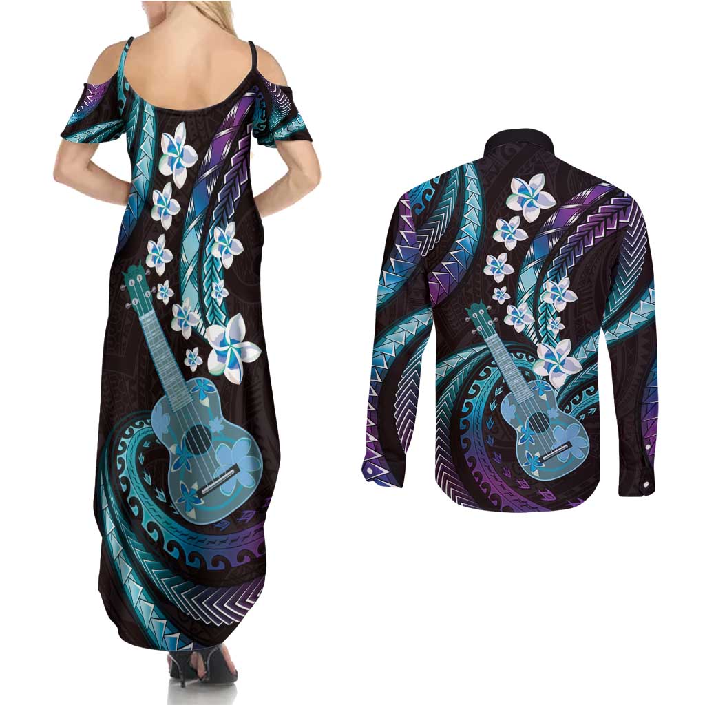 Hawaiian Ukulele Couples Matching Summer Maxi Dress and Long Sleeve Button Shirt Amethyst Gradient Fantastic Plumeria