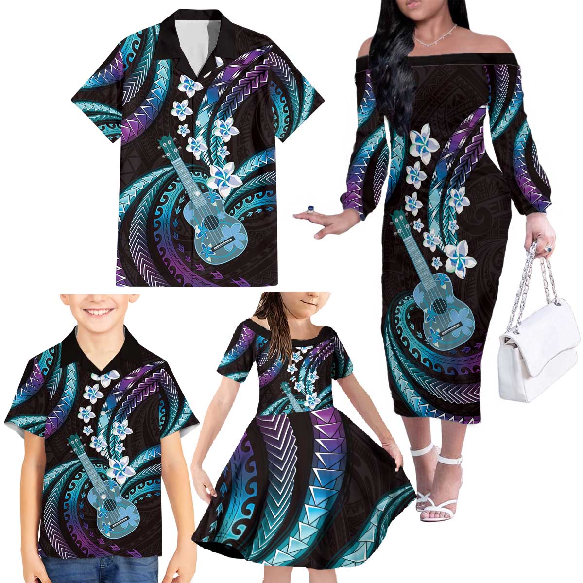 Hawaiian Ukulele Family Matching Off The Shoulder Long Sleeve Dress and Hawaiian Shirt Amethyst Gradient Fantastic Plumeria