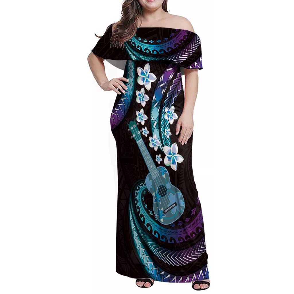 Hawaiian Ukulele Family Matching Off Shoulder Maxi Dress and Hawaiian Shirt Amethyst Gradient Fantastic Plumeria