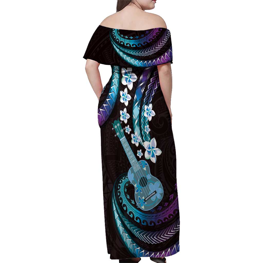 Hawaiian Ukulele Family Matching Off Shoulder Maxi Dress and Hawaiian Shirt Amethyst Gradient Fantastic Plumeria
