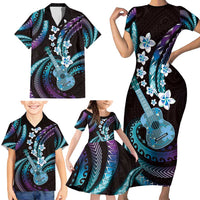 Hawaiian Ukulele Family Matching Short Sleeve Bodycon Dress and Hawaiian Shirt Amethyst Gradient Fantastic Plumeria