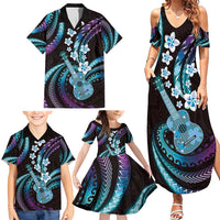 Hawaiian Ukulele Family Matching Summer Maxi Dress and Hawaiian Shirt Amethyst Gradient Fantastic Plumeria