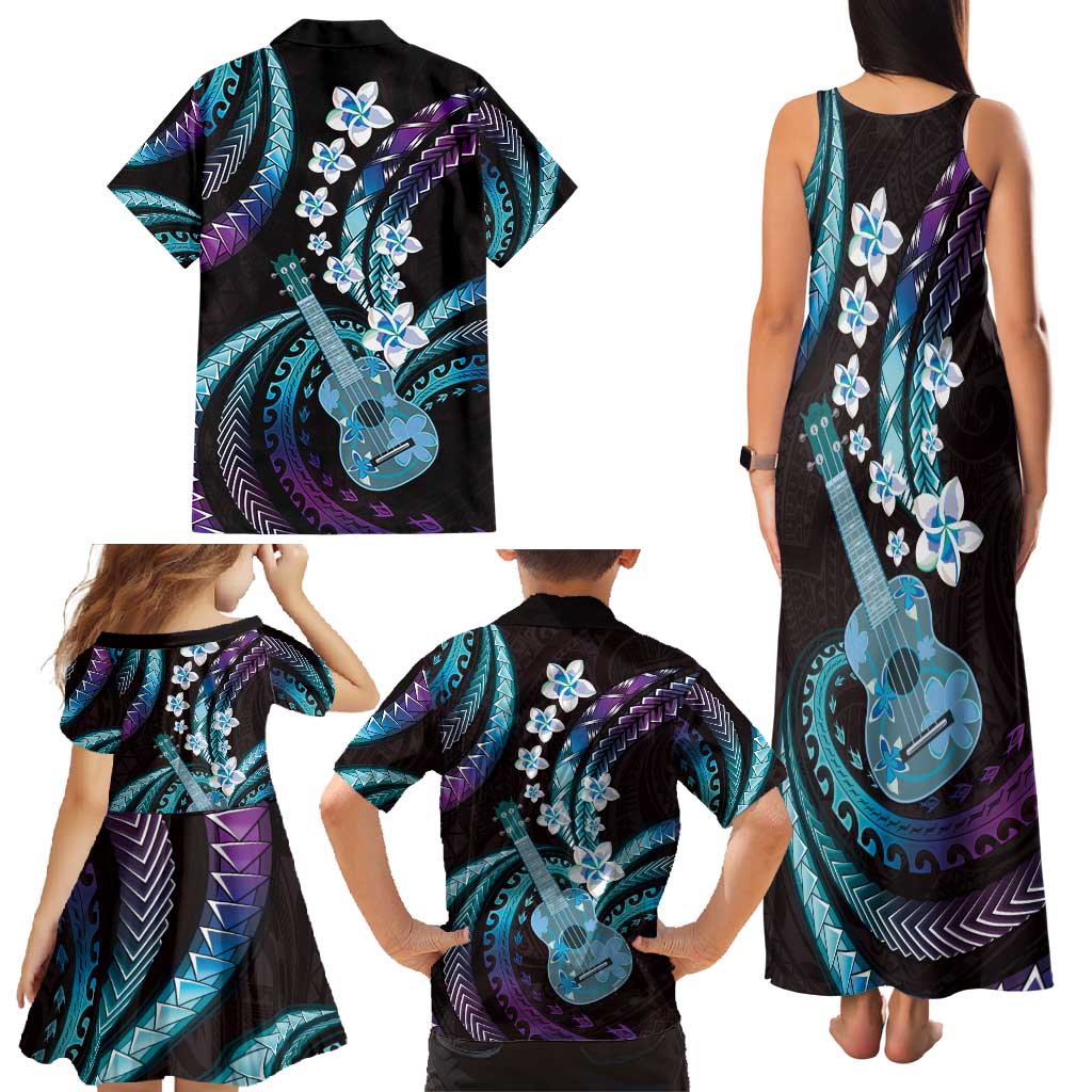 Hawaiian Ukulele Family Matching Tank Maxi Dress and Hawaiian Shirt Amethyst Gradient Fantastic Plumeria