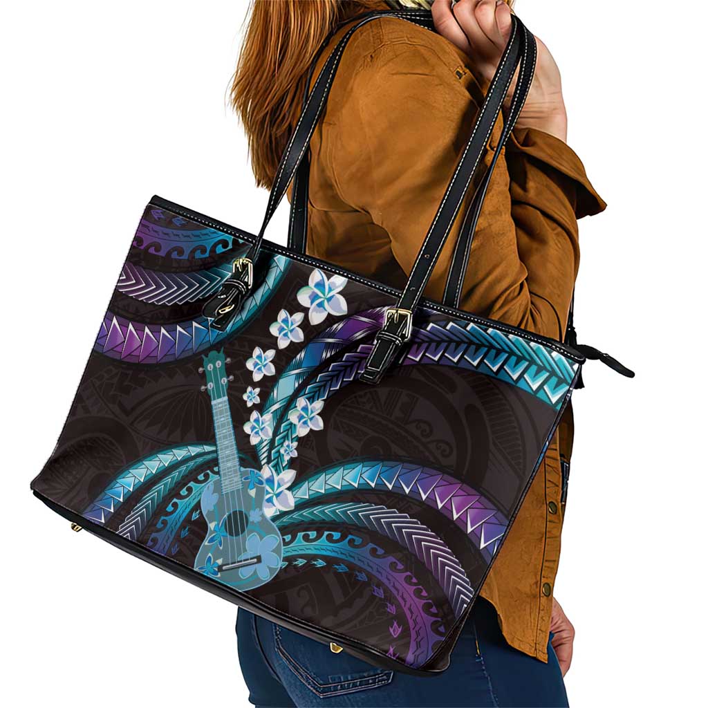 Hawaiian Ukulele Leather Tote Bag Amethyst Gradient Fantastic Plumeria