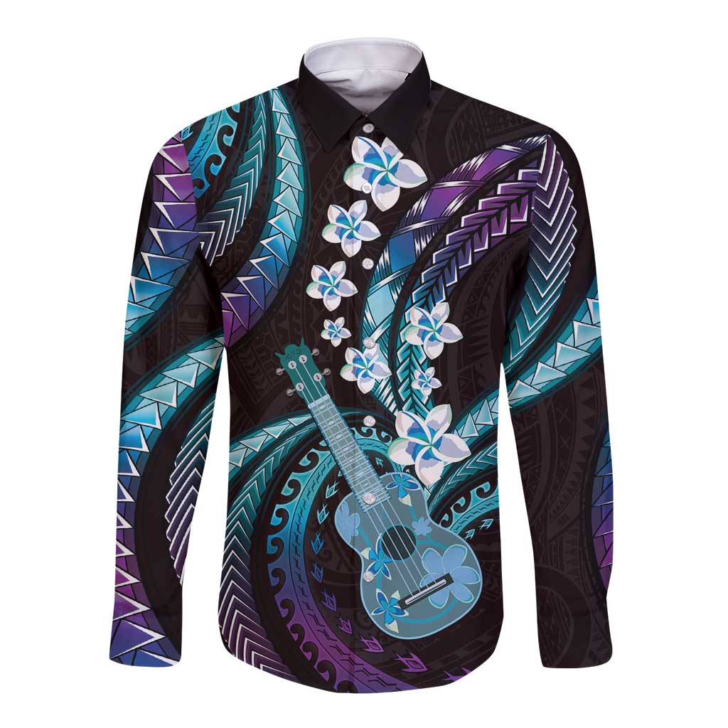 Hawaiian Ukulele Long Sleeve Button Shirt Amethyst Gradient Fantastic Plumeria