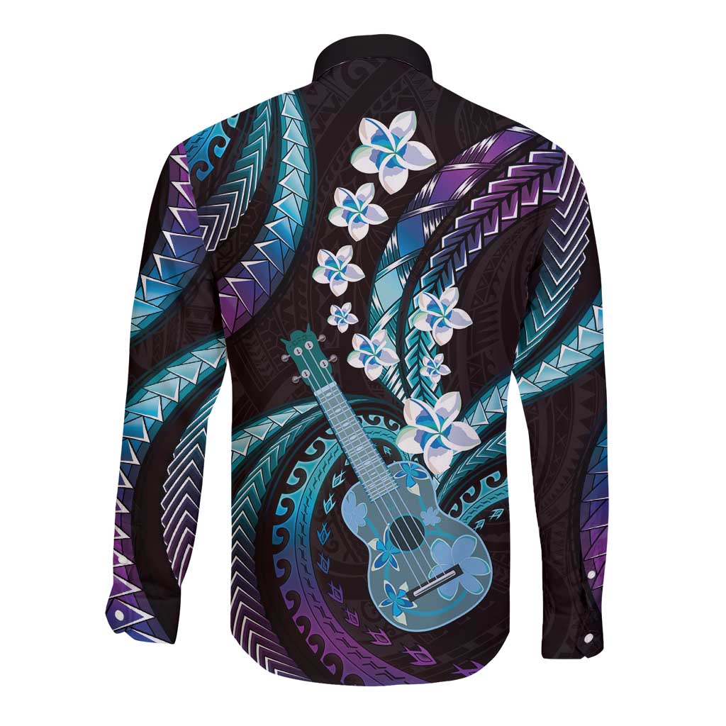 Hawaiian Ukulele Long Sleeve Button Shirt Amethyst Gradient Fantastic Plumeria