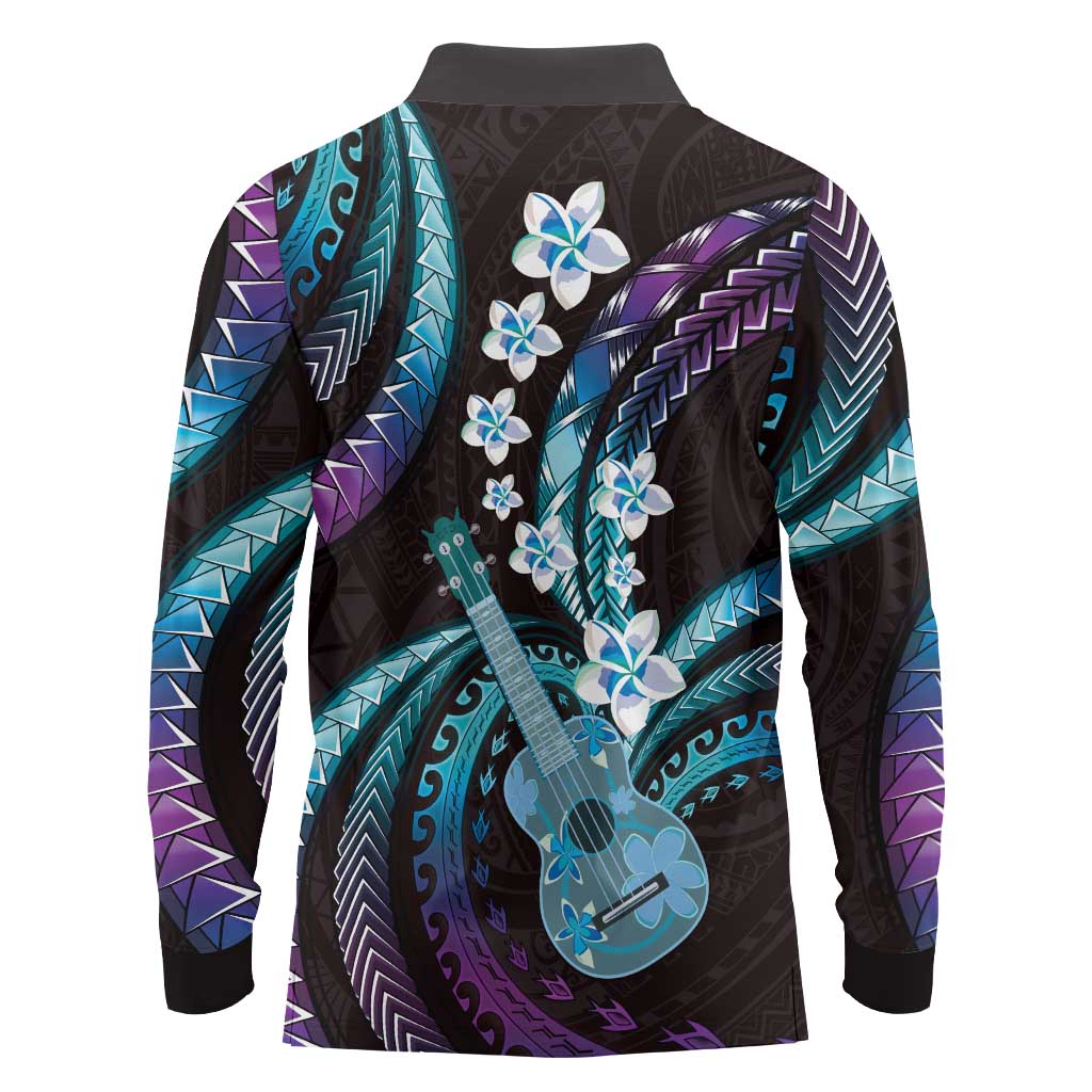 Hawaiian Ukulele Long Sleeve Polo Shirt Amethyst Gradient Fantastic Plumeria