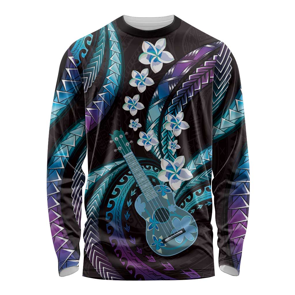 Hawaiian Ukulele Long Sleeve Shirt Amethyst Gradient Fantastic Plumeria