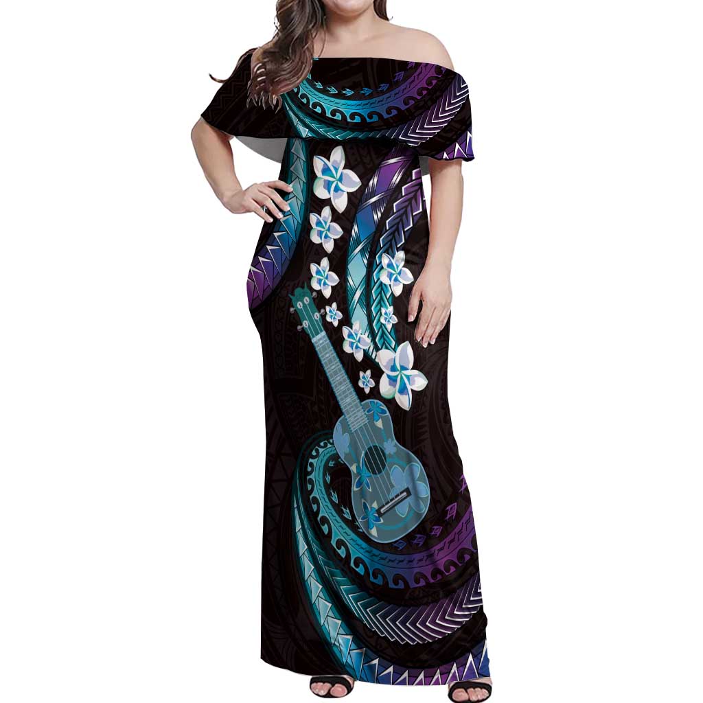 Hawaiian Ukulele Off Shoulder Maxi Dress Amethyst Gradient Fantastic Plumeria