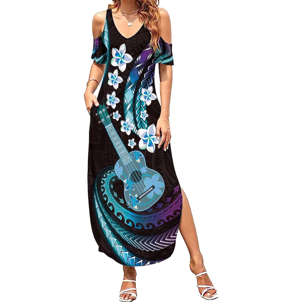 Hawaiian Ukulele Summer Maxi Dress Amethyst Gradient Fantastic Plumeria