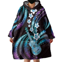 Hawaiian Ukulele Wearable Blanket Hoodie Amethyst Gradient Fantastic Plumeria