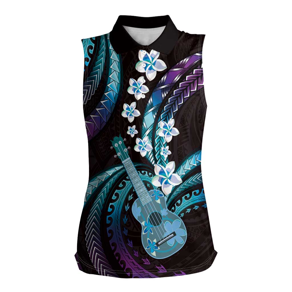 Hawaiian Ukulele Women Sleeveless Polo Shirt Amethyst Gradient Fantastic Plumeria