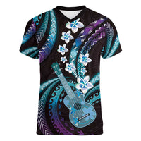 Hawaiian Ukulele Women V-Neck T-Shirt Amethyst Gradient Fantastic Plumeria