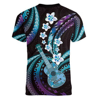Hawaiian Ukulele Women V-Neck T-Shirt Amethyst Gradient Fantastic Plumeria