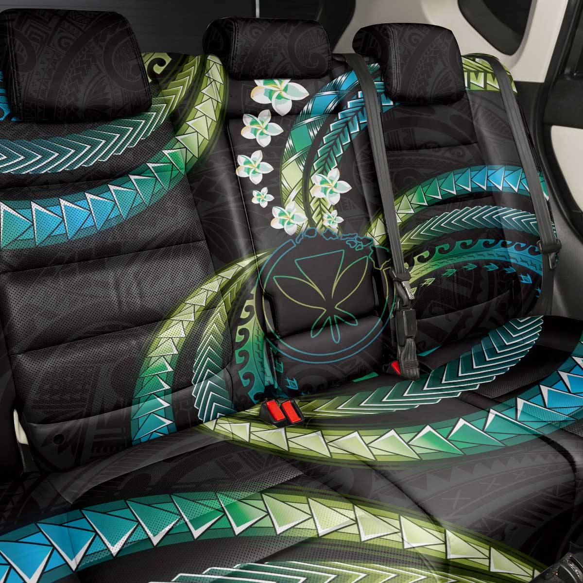 Hawaii Map Kanaka Maoli Back Car Seat Cover Fantastic Frangipani Chartreuse Cyan