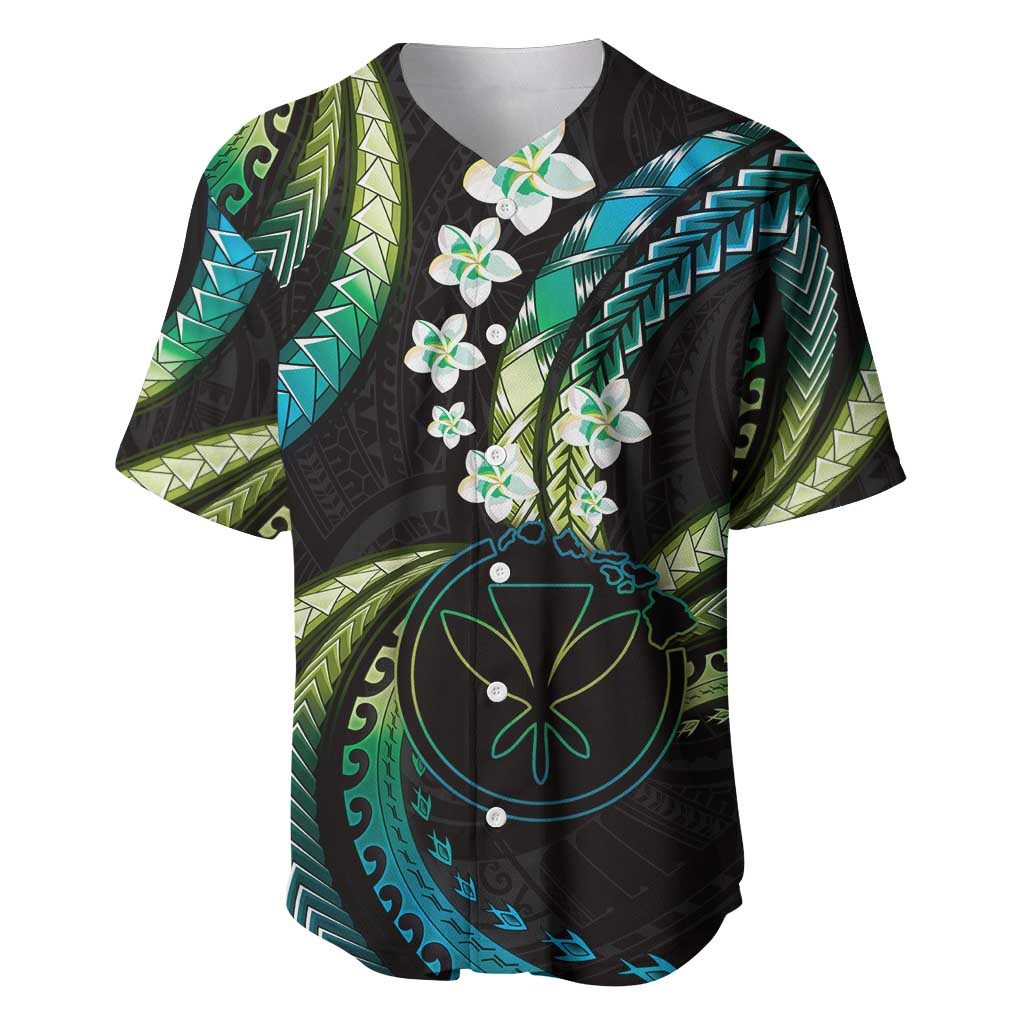 Hawaii Map Kanaka Maoli Baseball Jersey Fantastic Frangipani Chartreuse Cyan