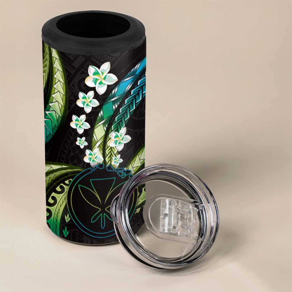 Hawaii Map Kanaka Maoli 4 in 1 Can Cooler Tumbler Fantastic Frangipani Chartreuse Cyan