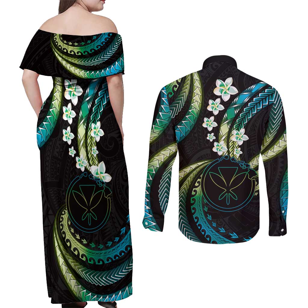 Hawaii Map Kanaka Maoli Couples Matching Off Shoulder Maxi Dress and Long Sleeve Button Shirt Fantastic Frangipani Chartreuse Cyan