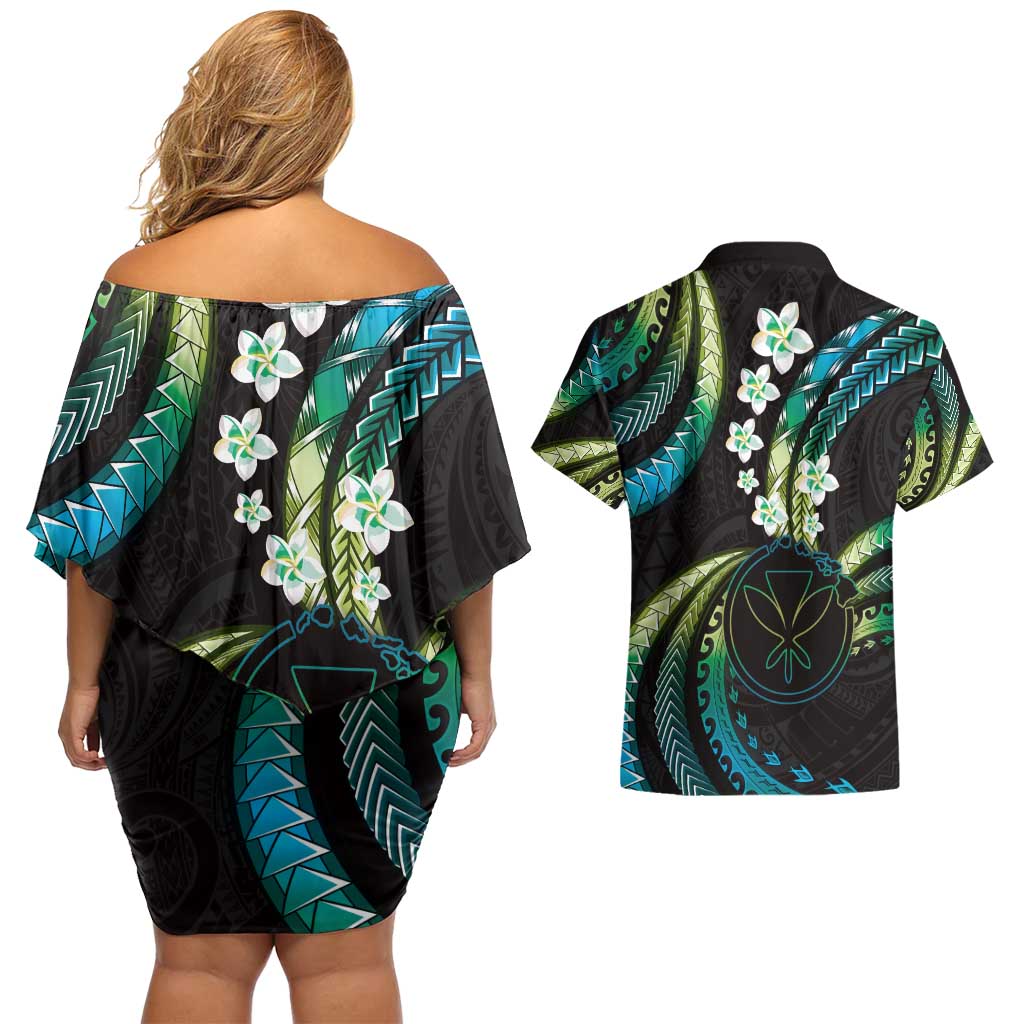 Hawaii Map Kanaka Maoli Couples Matching Off Shoulder Short Dress and Hawaiian Shirt Fantastic Frangipani Chartreuse Cyan