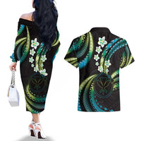 Hawaii Map Kanaka Maoli Couples Matching Off The Shoulder Long Sleeve Dress and Hawaiian Shirt Fantastic Frangipani Chartreuse Cyan