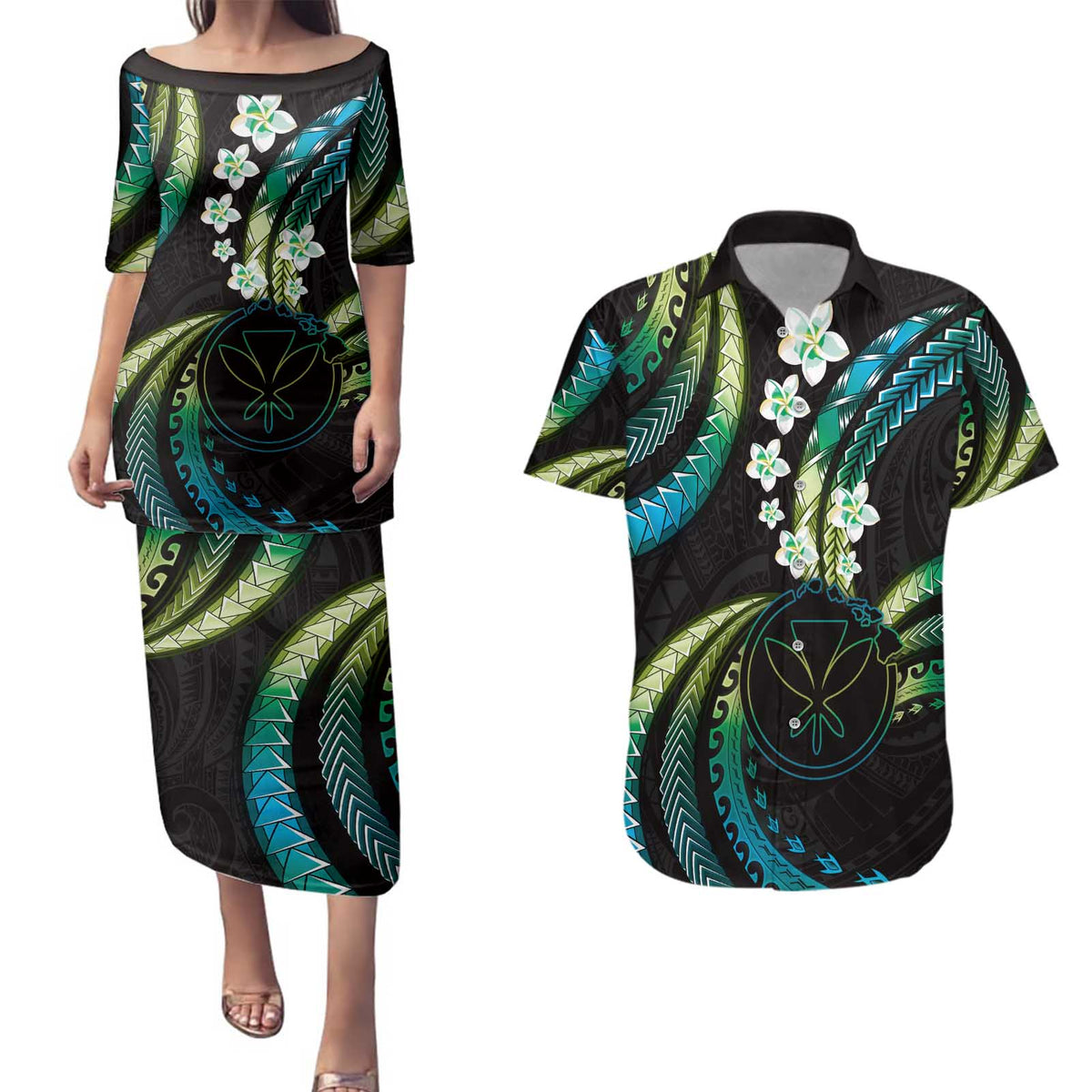 Hawaii Map Kanaka Maoli Couples Matching Puletasi and Hawaiian Shirt Fantastic Frangipani Chartreuse Cyan
