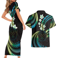 Hawaii Map Kanaka Maoli Couples Matching Short Sleeve Bodycon Dress and Hawaiian Shirt Fantastic Frangipani Chartreuse Cyan
