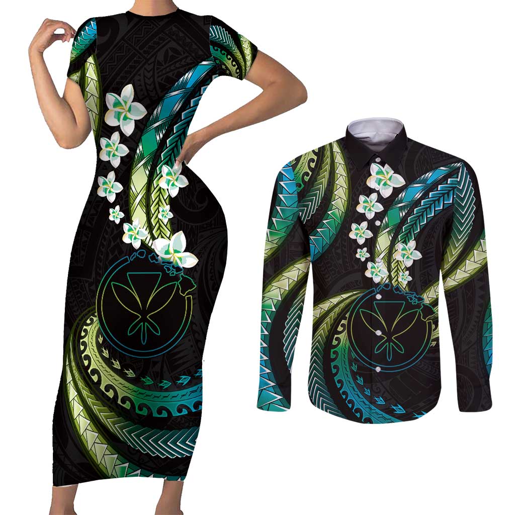 Hawaii Map Kanaka Maoli Couples Matching Short Sleeve Bodycon Dress and Long Sleeve Button Shirt Fantastic Frangipani Chartreuse Cyan