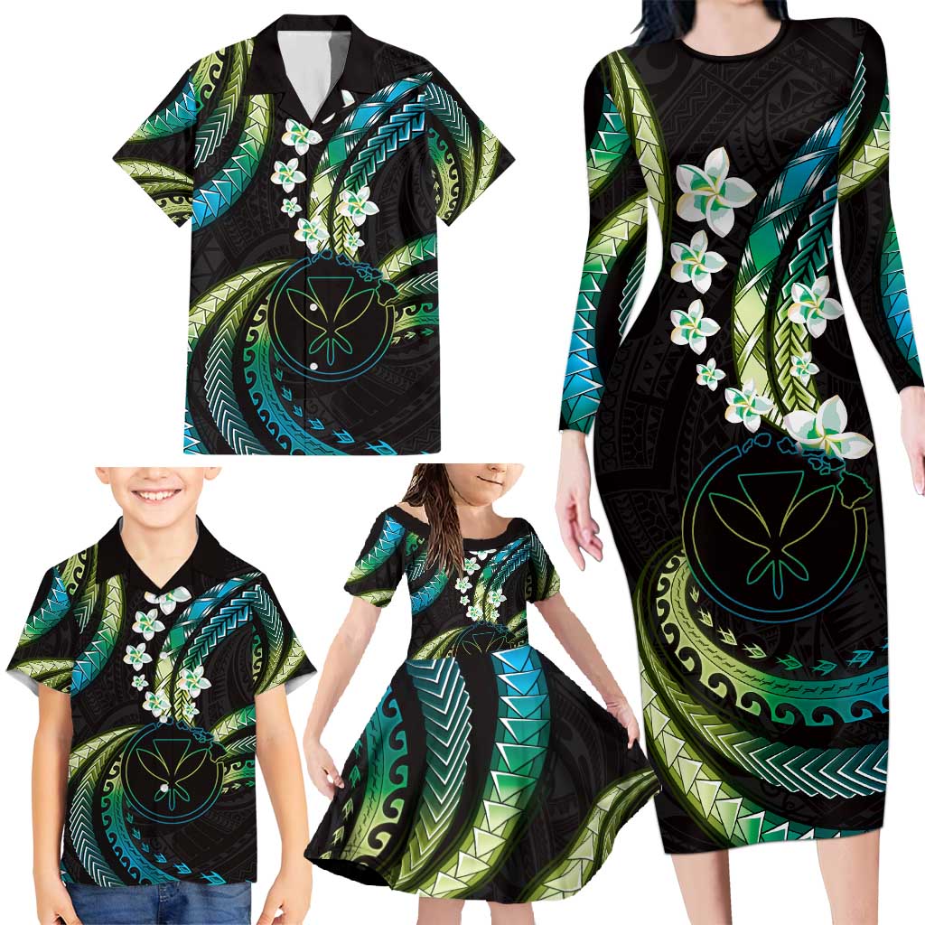 Hawaii Map Kanaka Maoli Family Matching Long Sleeve Bodycon Dress and Hawaiian Shirt Fantastic Frangipani Chartreuse Cyan