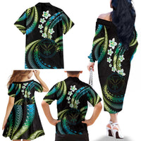 Hawaii Map Kanaka Maoli Family Matching Off The Shoulder Long Sleeve Dress and Hawaiian Shirt Fantastic Frangipani Chartreuse Cyan