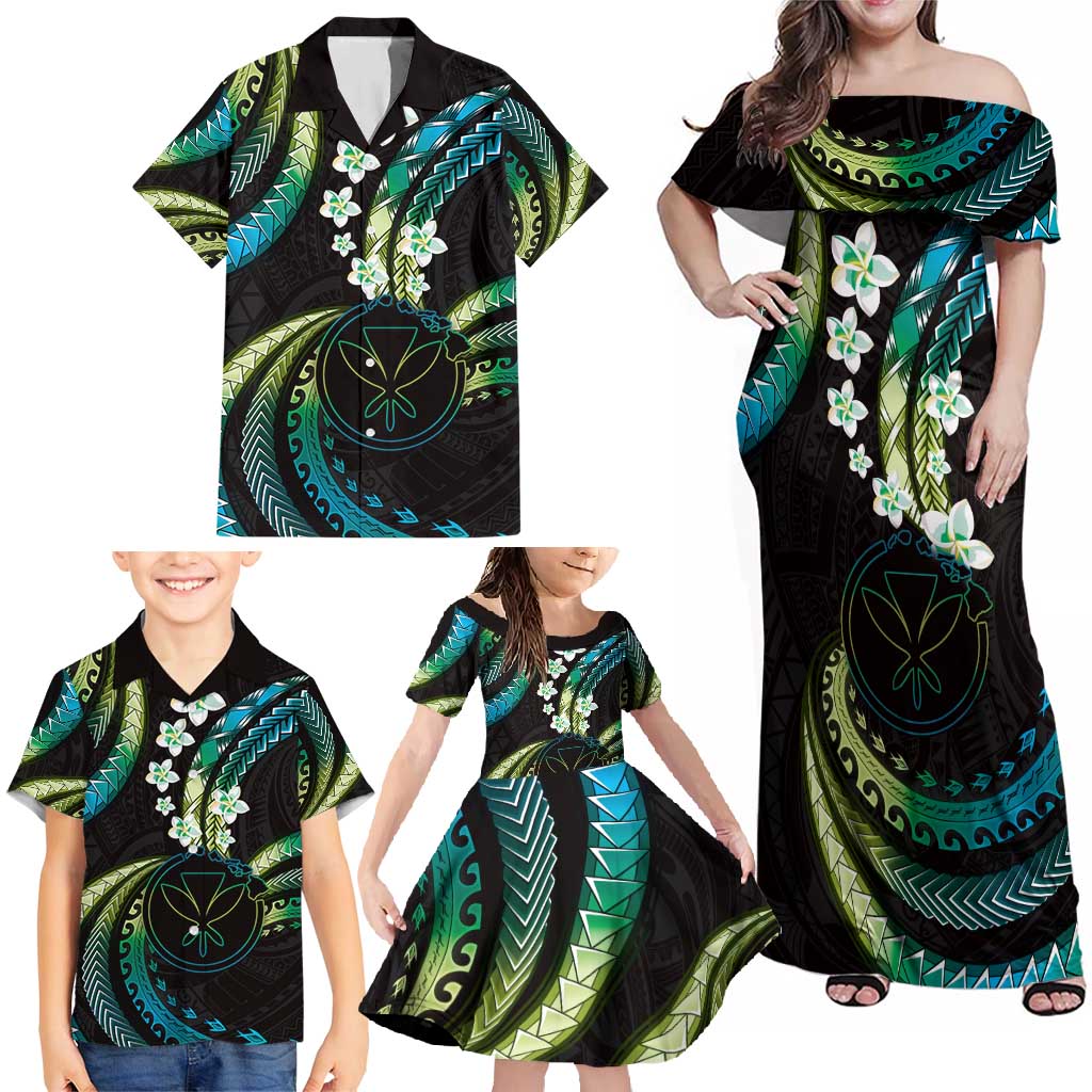Hawaii Map Kanaka Maoli Family Matching Off Shoulder Maxi Dress and Hawaiian Shirt Fantastic Frangipani Chartreuse Cyan