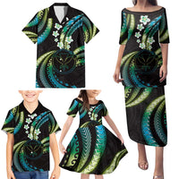 Hawaii Map Kanaka Maoli Family Matching Puletasi and Hawaiian Shirt Fantastic Frangipani Chartreuse Cyan
