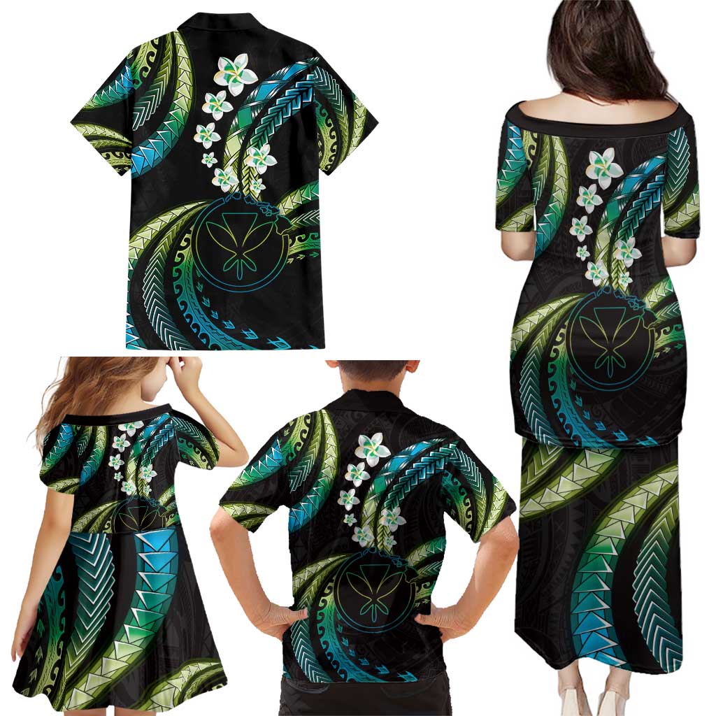 Hawaii Map Kanaka Maoli Family Matching Puletasi and Hawaiian Shirt Fantastic Frangipani Chartreuse Cyan