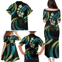 Hawaii Map Kanaka Maoli Family Matching Puletasi and Hawaiian Shirt Fantastic Frangipani Chartreuse Cyan