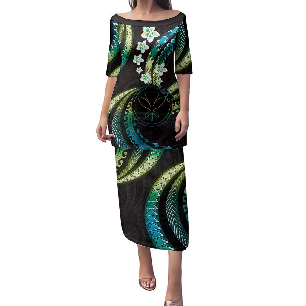 Hawaii Map Kanaka Maoli Family Matching Puletasi and Hawaiian Shirt Fantastic Frangipani Chartreuse Cyan